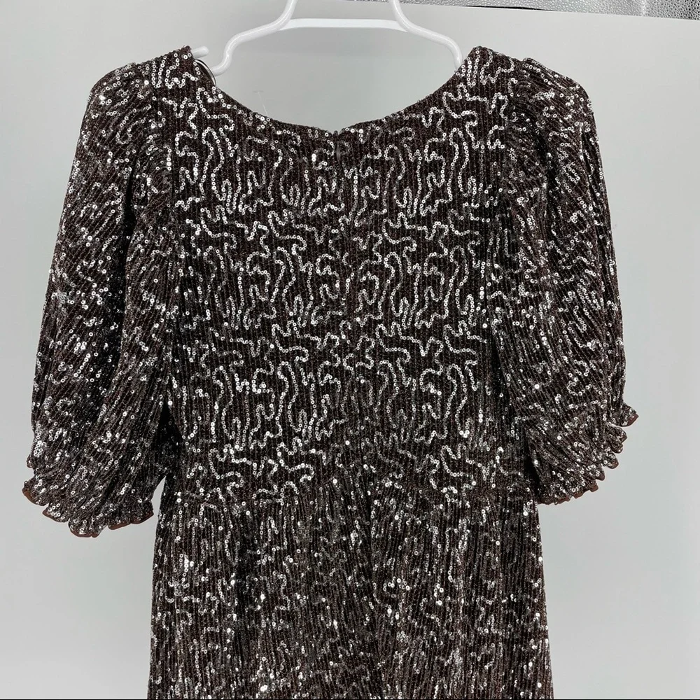MOON RIVER NWT BROWN SILVER SEQUIN SHORT SLEEVE DRESS SMALL - Picture 5 of 9